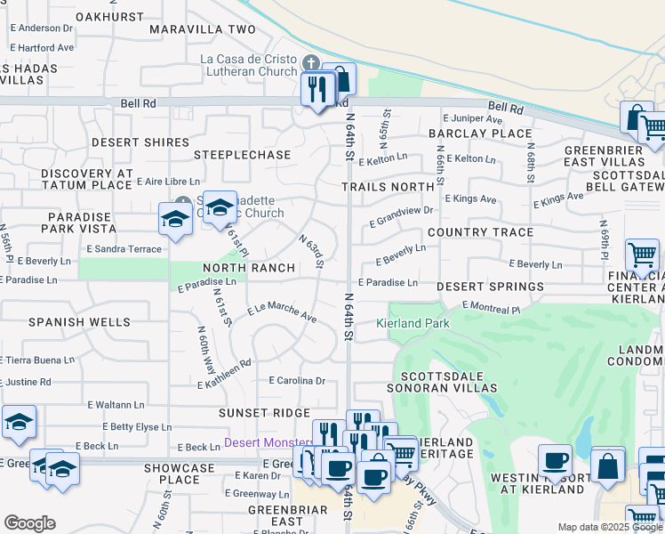 map of restaurants, bars, coffee shops, grocery stores, and more near 16226 North 63rd Place in Scottsdale