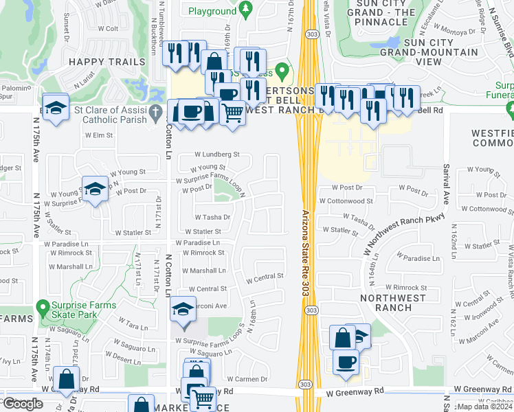 map of restaurants, bars, coffee shops, grocery stores, and more near 16864 West Tasha Drive in Surprise