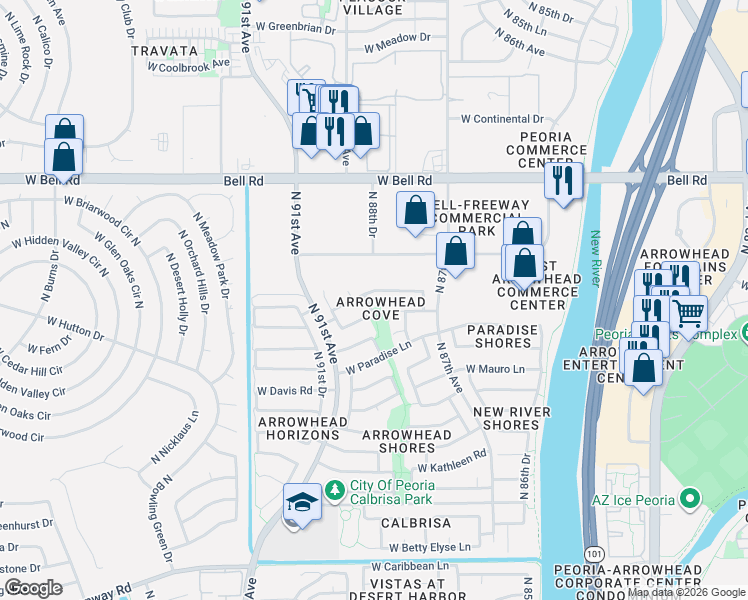 map of restaurants, bars, coffee shops, grocery stores, and more near 8844 West Kings Avenue in Peoria