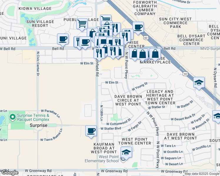 map of restaurants, bars, coffee shops, grocery stores, and more near 16465 North 138th Avenue in Surprise
