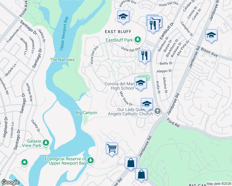 map of restaurants, bars, coffee shops, grocery stores, and more near 2015 Barranca in Newport Beach