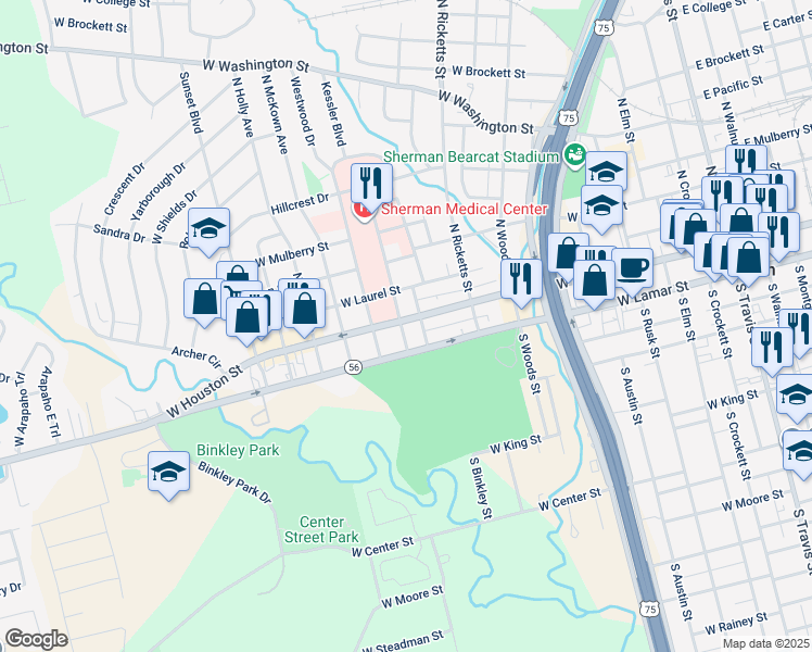 map of restaurants, bars, coffee shops, grocery stores, and more near 116 North Highland Avenue in Sherman