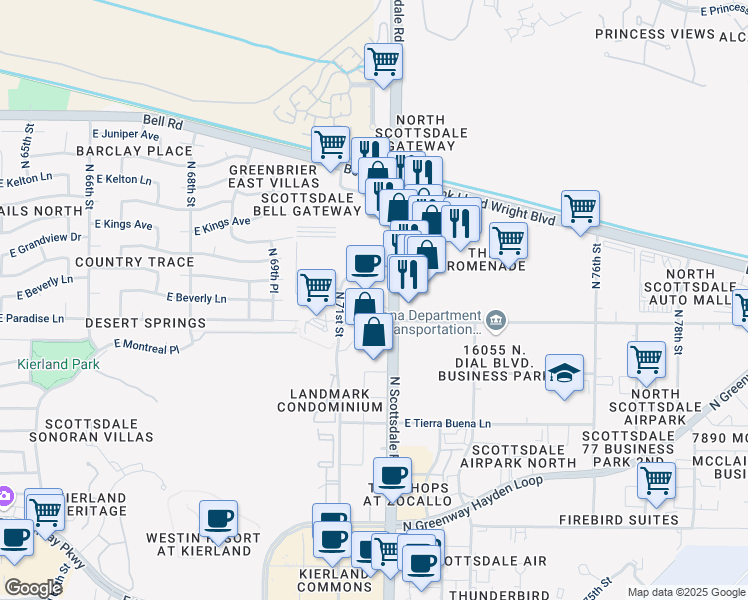 map of restaurants, bars, coffee shops, grocery stores, and more near 16220 North Scottsdale Road in Scottsdale