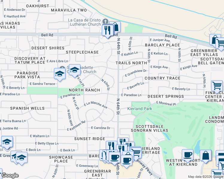 map of restaurants, bars, coffee shops, grocery stores, and more near 16226 North 63rd Place in Scottsdale