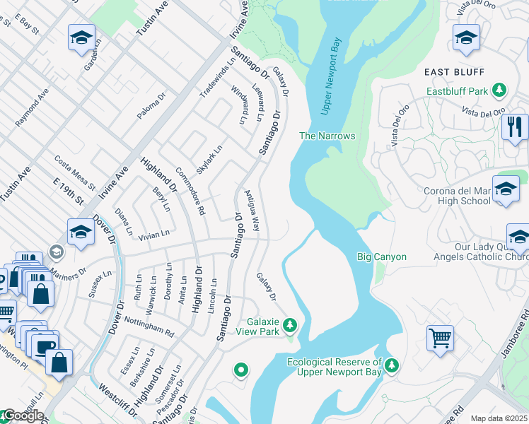 map of restaurants, bars, coffee shops, grocery stores, and more near 1399 Galaxy Drive in Newport Beach
