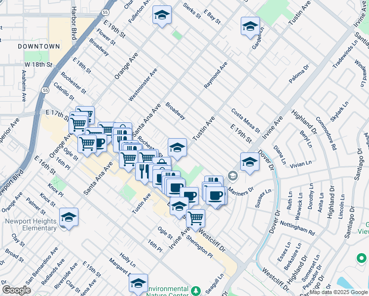 map of restaurants, bars, coffee shops, grocery stores, and more near 389 Magnolia Street in Costa Mesa