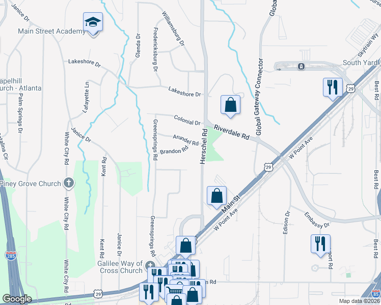 map of restaurants, bars, coffee shops, grocery stores, and more near 2594 Arundel Road in College Park