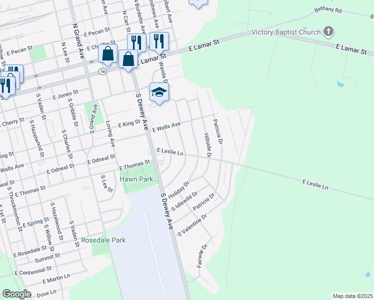 map of restaurants, bars, coffee shops, grocery stores, and more near 726 Holiday Drive in Sherman