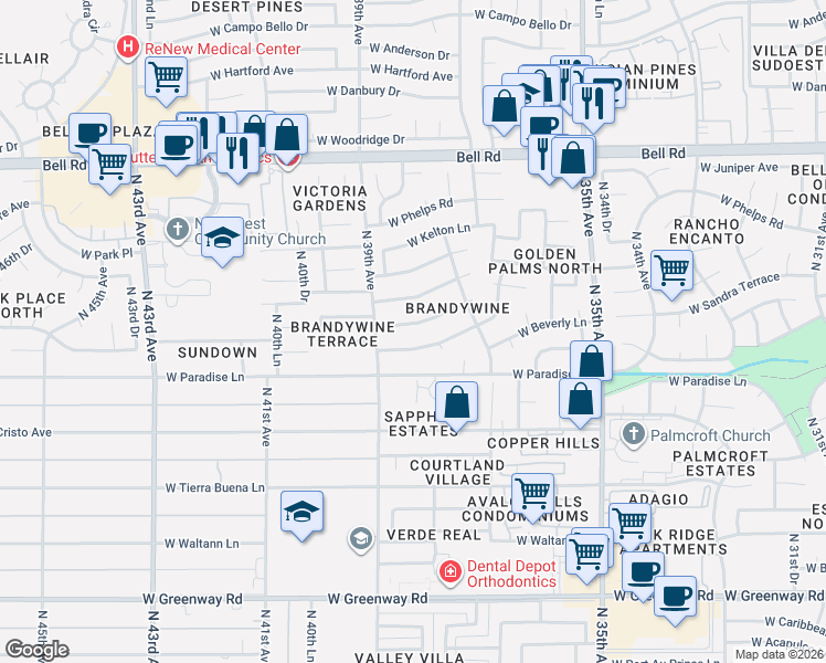 map of restaurants, bars, coffee shops, grocery stores, and more near 3835 West Kings Avenue in Phoenix