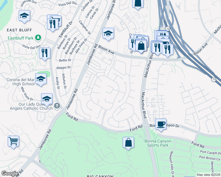 map of restaurants, bars, coffee shops, grocery stores, and more near 5 Oak Tree Drive in Newport Beach