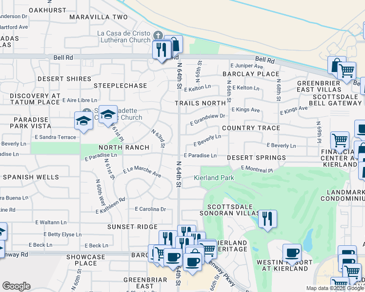 map of restaurants, bars, coffee shops, grocery stores, and more near 6413 East Sandra Terrace in Scottsdale
