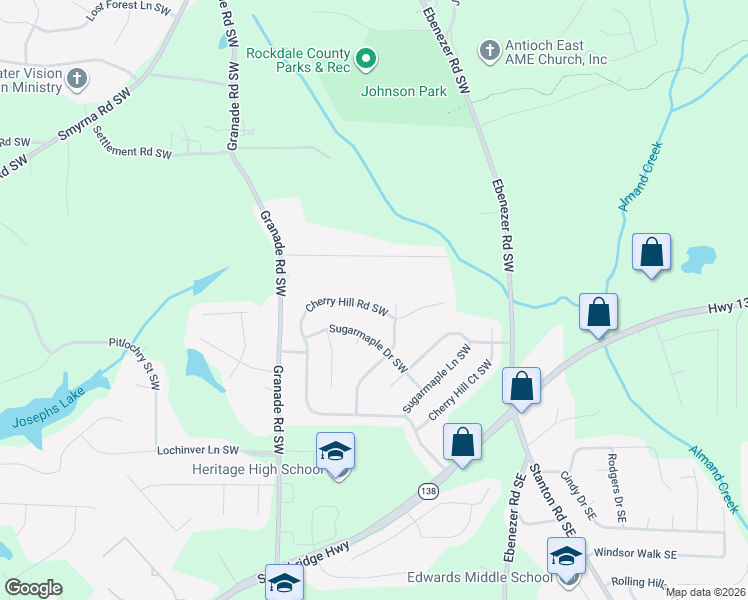 map of restaurants, bars, coffee shops, grocery stores, and more near 1784 McCollum Road Southwest in Conyers