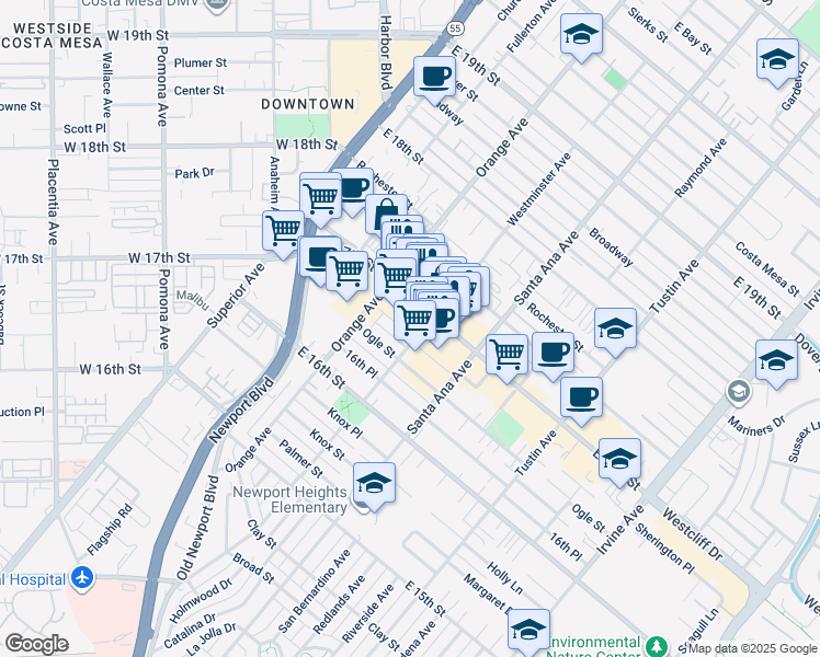 map of restaurants, bars, coffee shops, grocery stores, and more near 241 East 17th Street in Costa Mesa