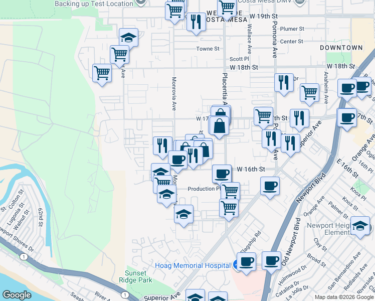 map of restaurants, bars, coffee shops, grocery stores, and more near 1640 Monrovia Avenue in Costa Mesa