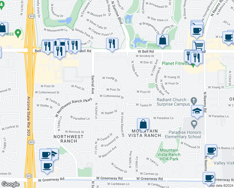 map of restaurants, bars, coffee shops, grocery stores, and more near 16126 West Cottonwood Street in Surprise
