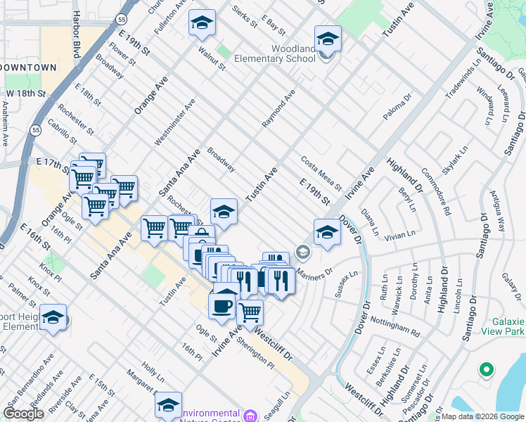 map of restaurants, bars, coffee shops, grocery stores, and more near 422 Magnolia Street in Costa Mesa