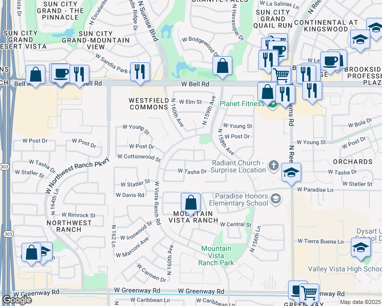 map of restaurants, bars, coffee shops, grocery stores, and more near 16290 North 159th Drive in Surprise