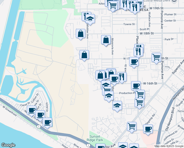 map of restaurants, bars, coffee shops, grocery stores, and more near 1641 Bridgewater Way in Costa Mesa