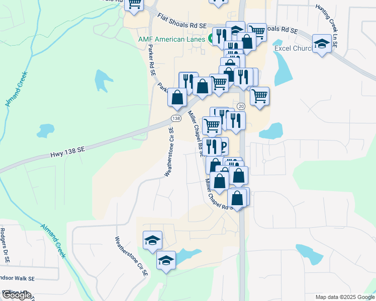 map of restaurants, bars, coffee shops, grocery stores, and more near 1006 Starmoss Lane in Conyers