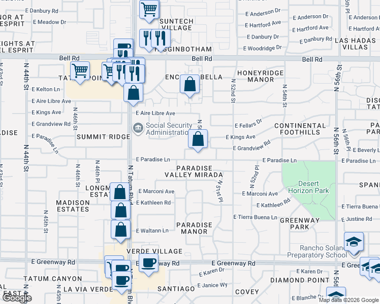map of restaurants, bars, coffee shops, grocery stores, and more near 4972 East Grandview Road in Scottsdale