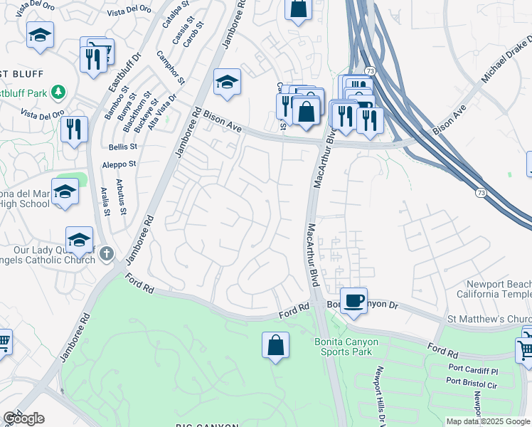 map of restaurants, bars, coffee shops, grocery stores, and more near 32 Gleneagles Drive in Newport Beach