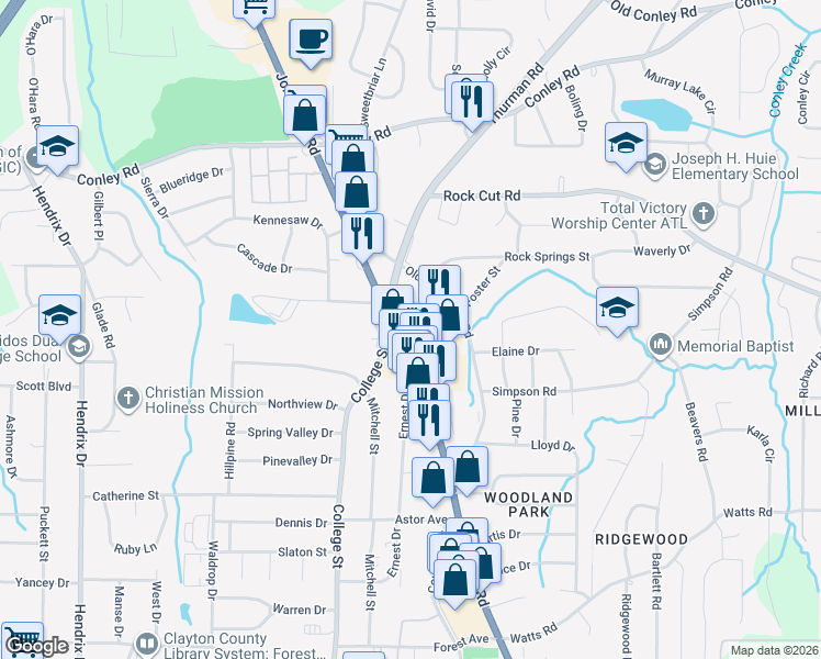 map of restaurants, bars, coffee shops, grocery stores, and more near 4420 Jonesboro Road in Forest Park