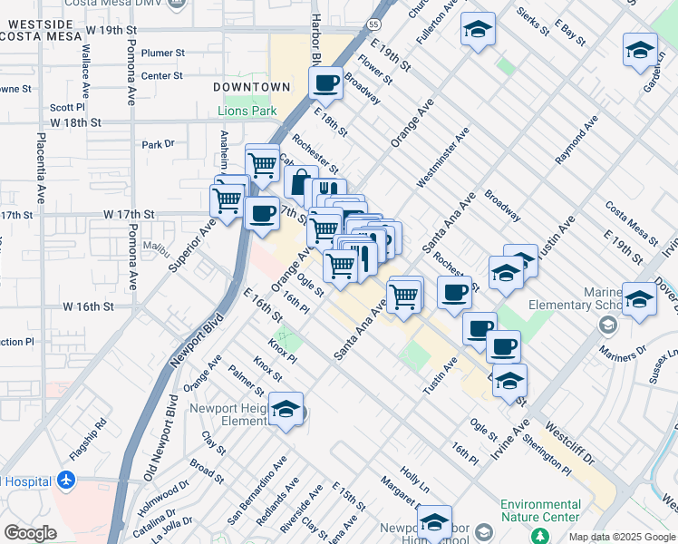 map of restaurants, bars, coffee shops, grocery stores, and more near 241 East 17th Street in Costa Mesa