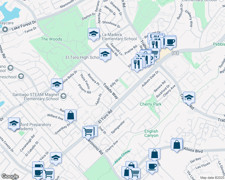 map of restaurants, bars, coffee shops, grocery stores, and more near 25452 Bayes Street in Lake Forest