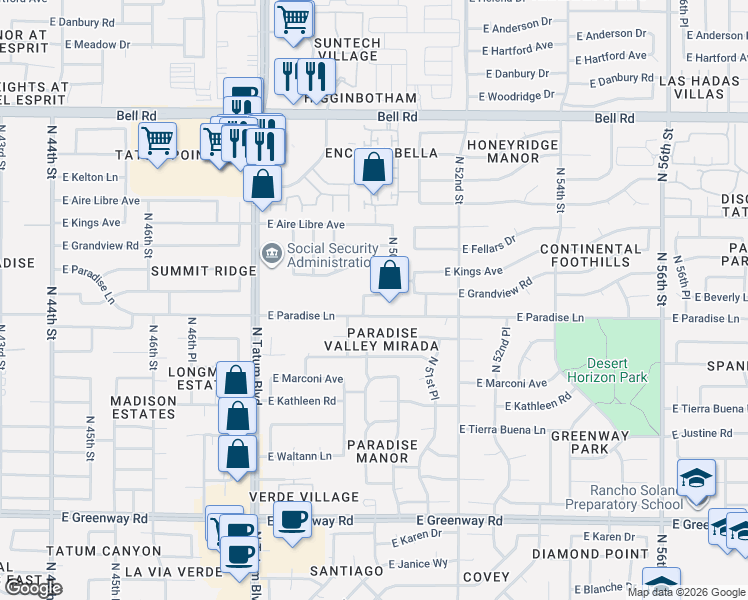 map of restaurants, bars, coffee shops, grocery stores, and more near 4972 East Grandview Road in Scottsdale