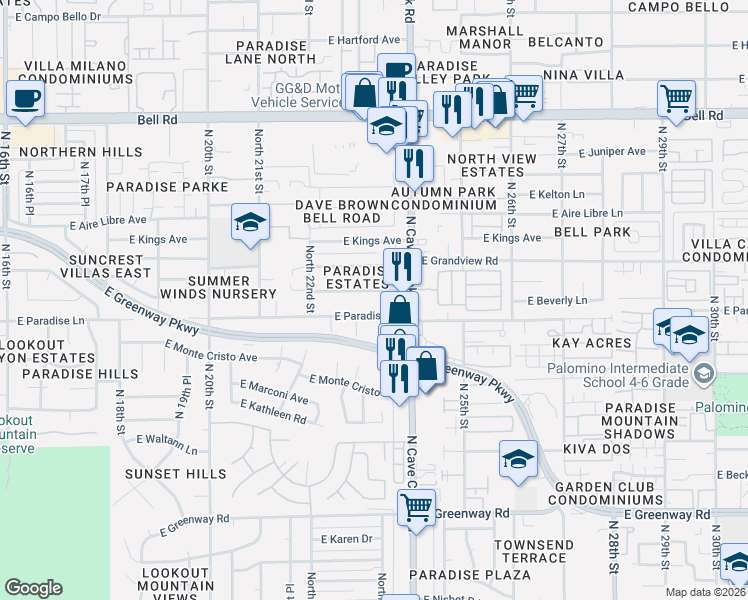 map of restaurants, bars, coffee shops, grocery stores, and more near 2308 E Beverly Ln in Phoenix
