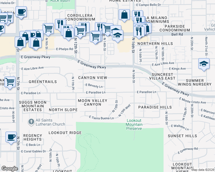 map of restaurants, bars, coffee shops, grocery stores, and more near 1411 East Sandra Terrace in Phoenix