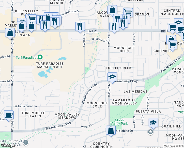 map of restaurants, bars, coffee shops, grocery stores, and more near 16230 North 9th Avenue in Phoenix