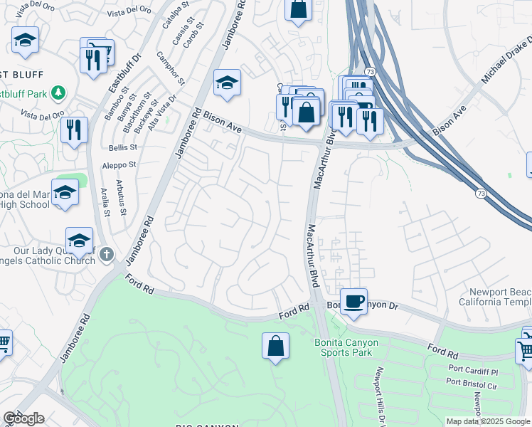 map of restaurants, bars, coffee shops, grocery stores, and more near 32 Gleneagles Drive in Newport Beach