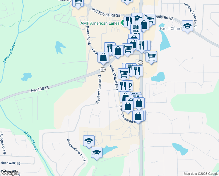 map of restaurants, bars, coffee shops, grocery stores, and more near 1006 Starmoss Lane in Conyers