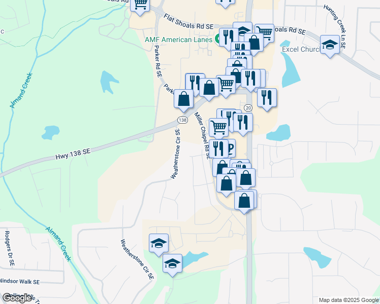 map of restaurants, bars, coffee shops, grocery stores, and more near 1014 Starmoss Lane in Conyers