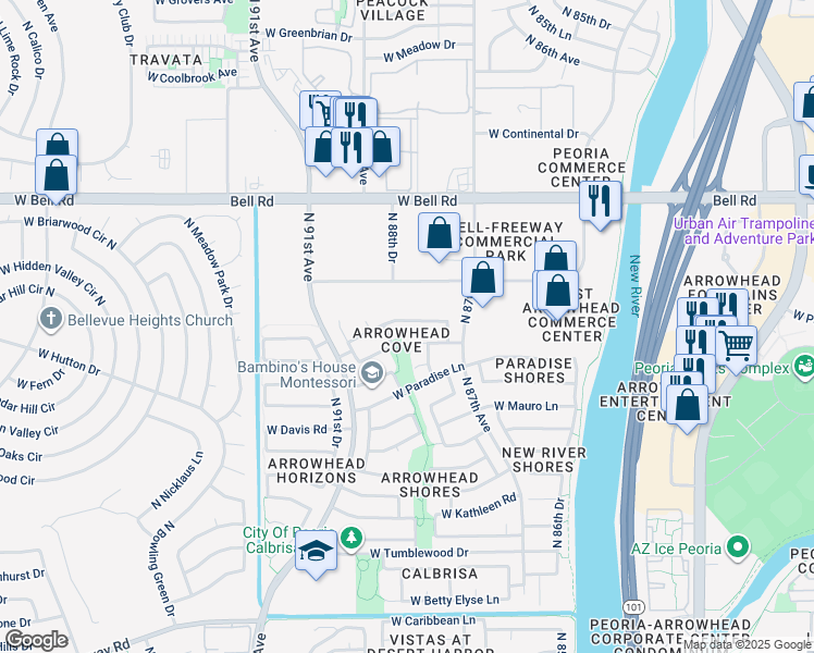 map of restaurants, bars, coffee shops, grocery stores, and more near 8825 West Kings Avenue in Peoria