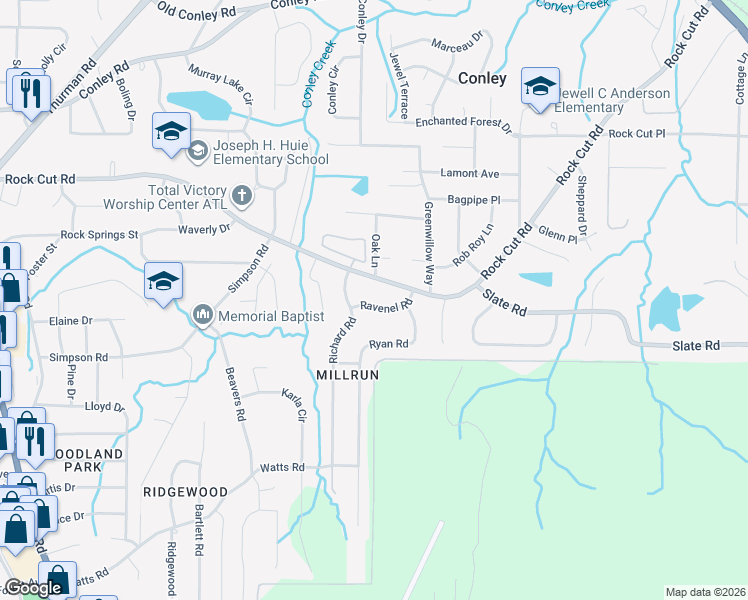 map of restaurants, bars, coffee shops, grocery stores, and more near 1498 Ravenel Road in Conley