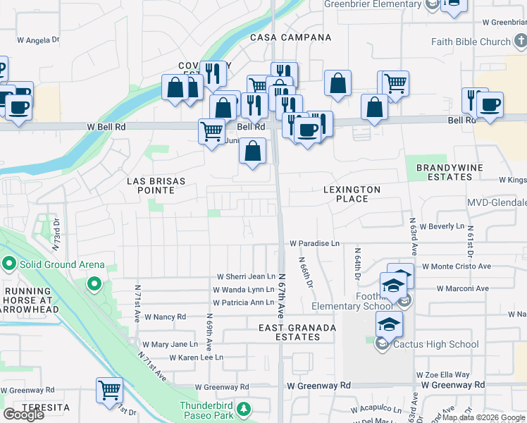 map of restaurants, bars, coffee shops, grocery stores, and more near 16495 North 67th Drive in Peoria