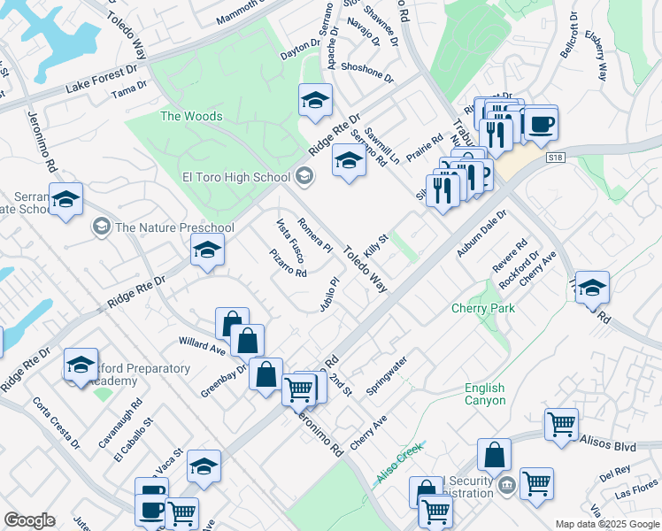 map of restaurants, bars, coffee shops, grocery stores, and more near 25312 Pizarro Road in Lake Forest