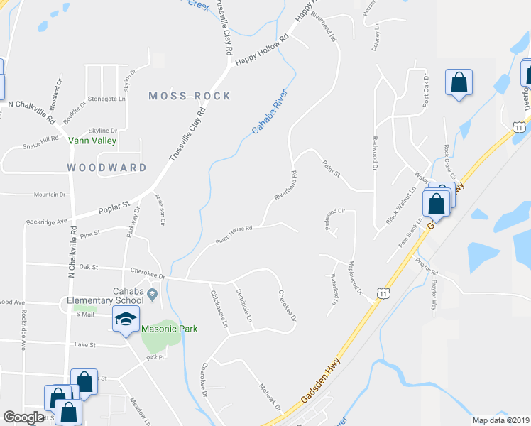 map of restaurants, bars, coffee shops, grocery stores, and more near 4604 Riverbend Road in Trussville