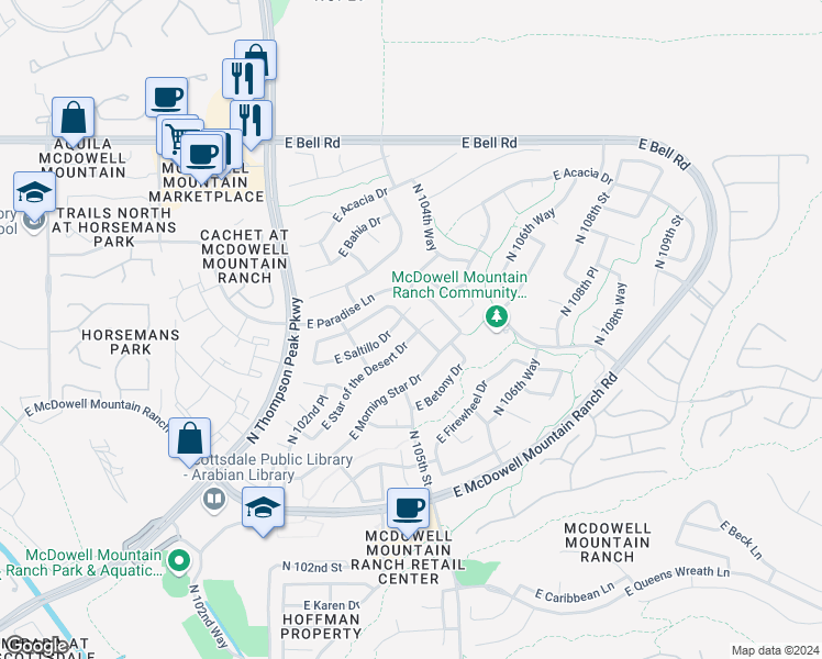 map of restaurants, bars, coffee shops, grocery stores, and more near 10574 East Star of the Desert Drive in Scottsdale