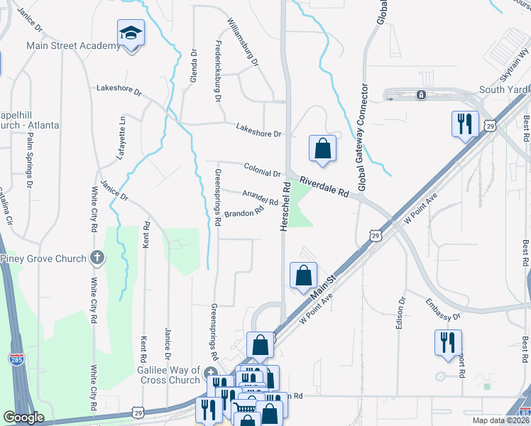 map of restaurants, bars, coffee shops, grocery stores, and more near 2594 Arundel Road in College Park