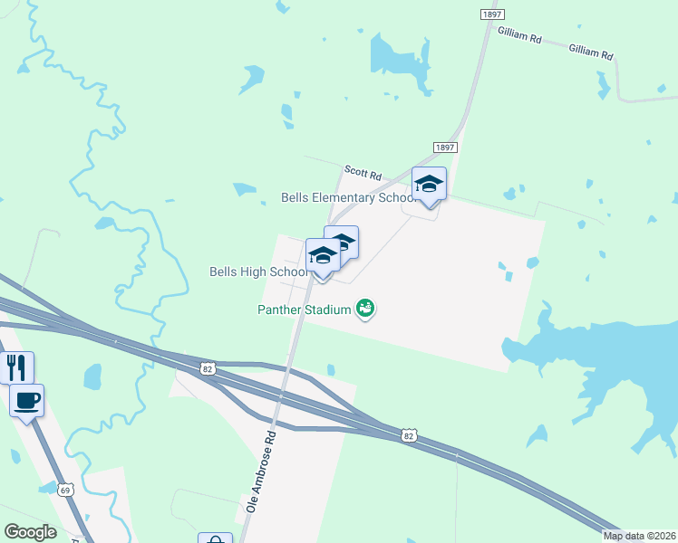 map of restaurants, bars, coffee shops, grocery stores, and more near 1510 Ole Ambrose Road in Bells