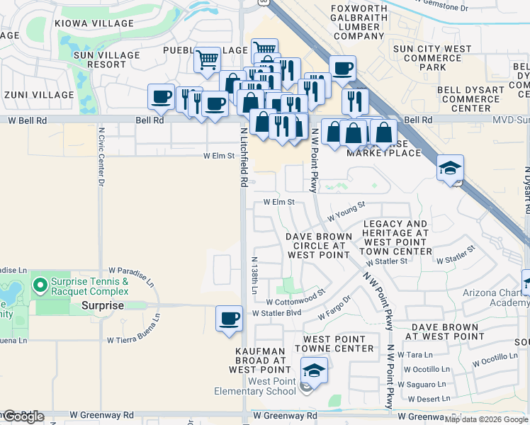 map of restaurants, bars, coffee shops, grocery stores, and more near 13806 West Elm Street in Surprise