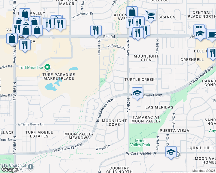 map of restaurants, bars, coffee shops, grocery stores, and more near 16230 North 9th Avenue in Phoenix