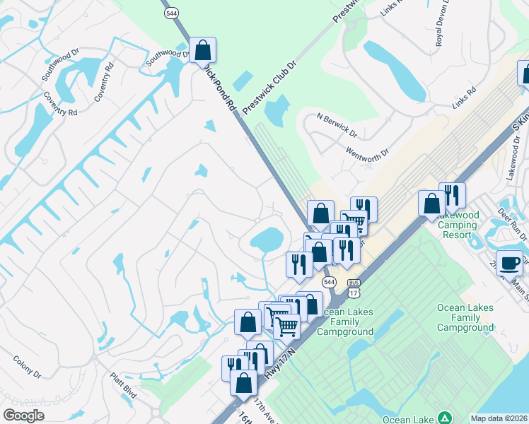 map of restaurants, bars, coffee shops, grocery stores, and more near 1877 Crooked Pine Drive in Myrtle Beach