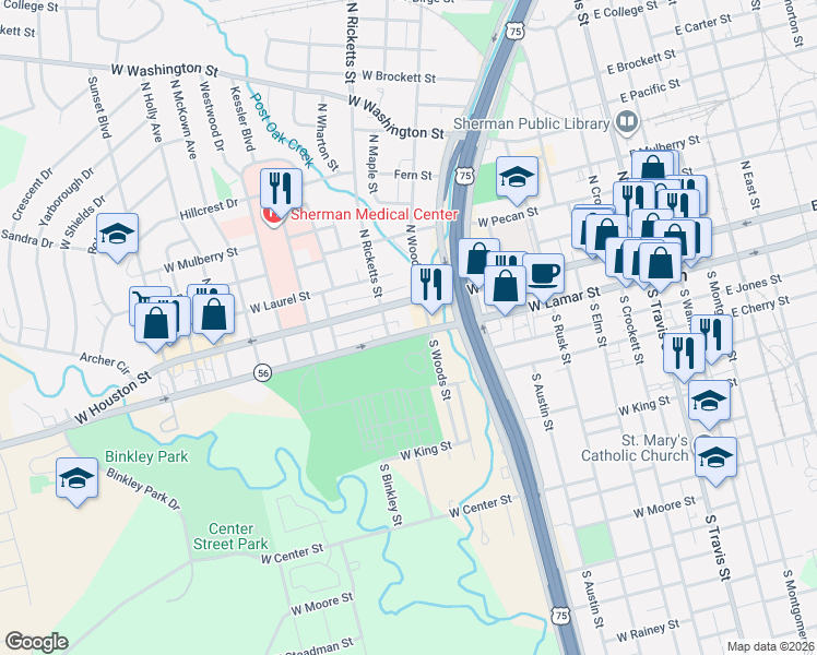 map of restaurants, bars, coffee shops, grocery stores, and more near 122 South Woods Street in Sherman