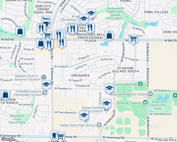 map of restaurants, bars, coffee shops, grocery stores, and more near 16446 North 152nd Avenue in Surprise