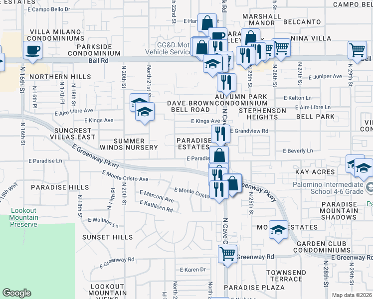 map of restaurants, bars, coffee shops, grocery stores, and more near 2238 East Beverly Lane in Phoenix