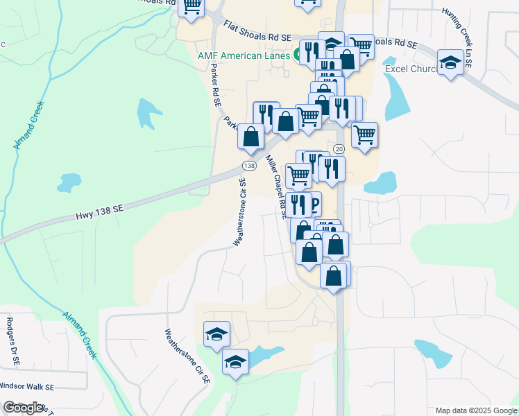 map of restaurants, bars, coffee shops, grocery stores, and more near 1014 Starmoss Lane in Conyers